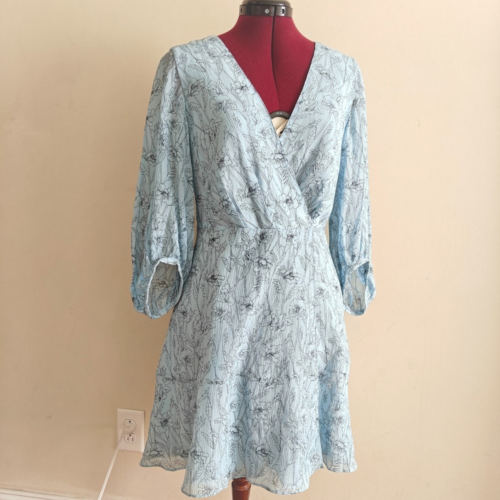 Club Monaco Blue Floral Cotton Silk Dress Fit Flared V-Neck 3/4 Sleeve Size 2